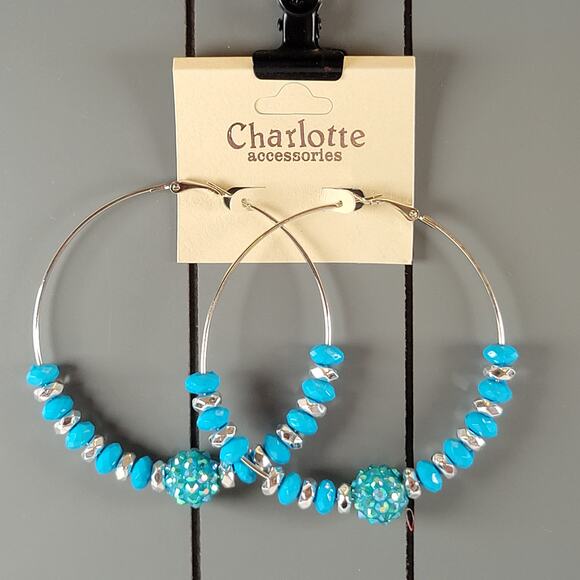 Large Blue Beaded Hoop Earrings 3" Silver Tone Rhinestone Accent Pierced Trendy - Picture 3 of 7